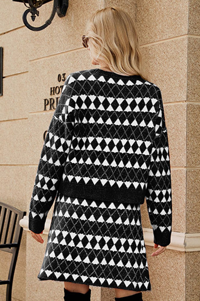 Geometric Dropped Shoulder Cardigan and Knit Skirt Set Trendsi