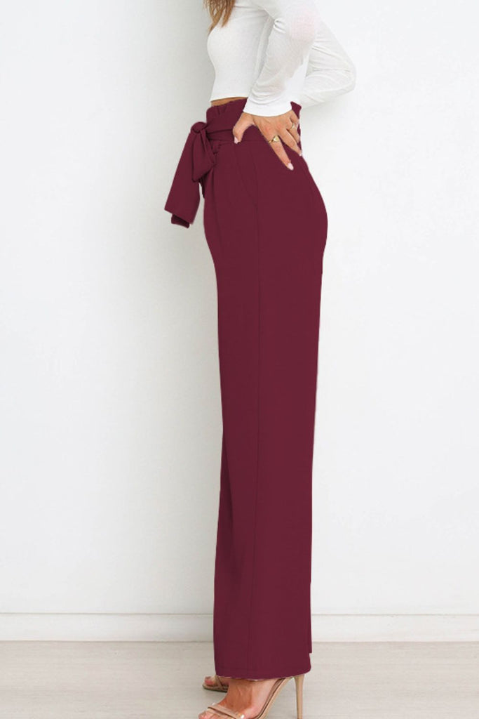 Tie Front Paperbag Wide Leg Pants Trendsi