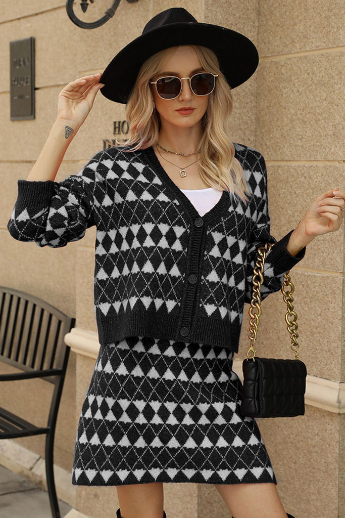 Geometric Dropped Shoulder Cardigan and Knit Skirt Set Trendsi