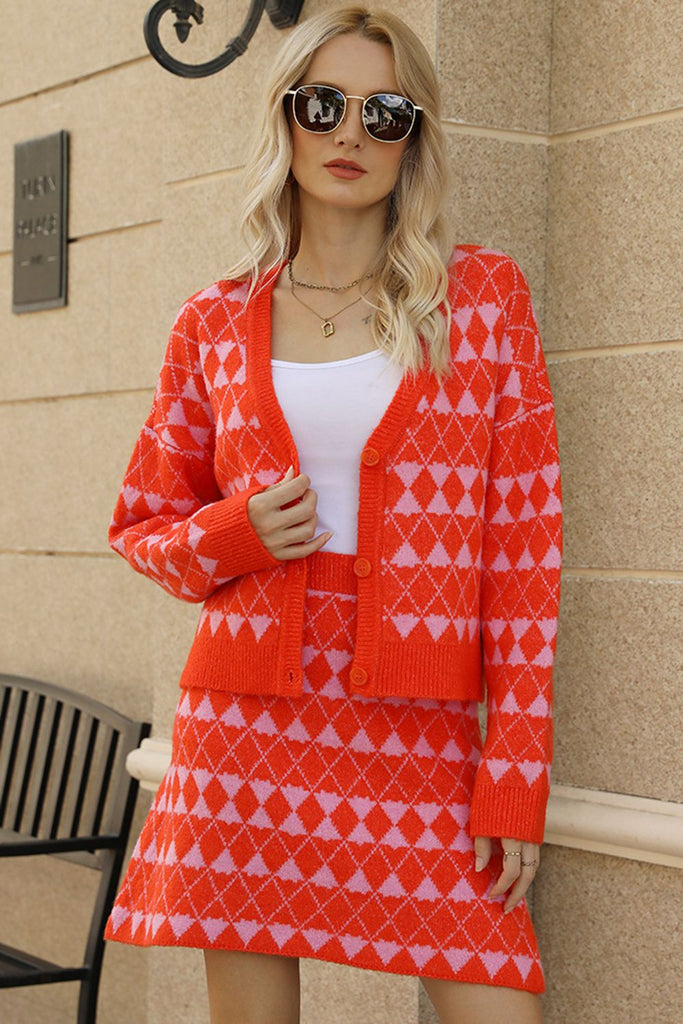 Geometric Dropped Shoulder Cardigan and Knit Skirt Set Trendsi