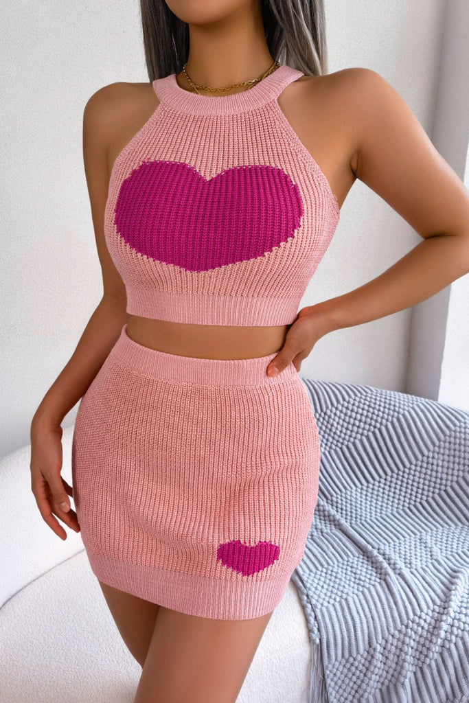 Heart Contrast Ribbed Sleeveless Knit Top and Skirt Set Trendsi