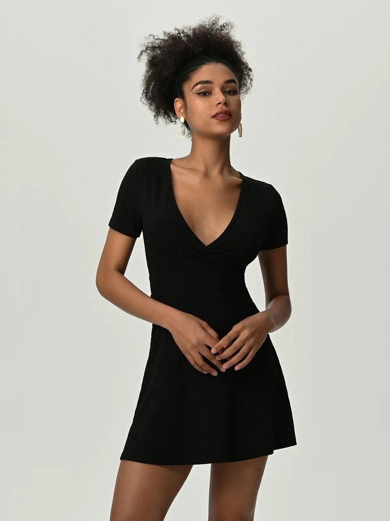 Deep V Short Sleeve Mini Dress Trendsi