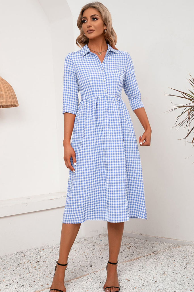 Plaid Collared Neck Midi Dress Trendsi