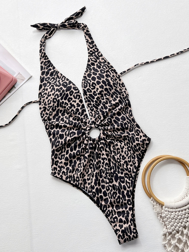 Leopard Halter Neck Ring Detail One-Piece Swimsuit Trendsi