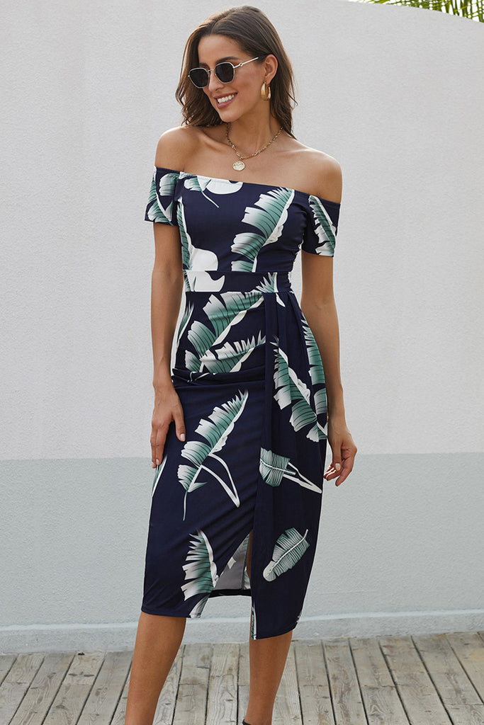 Printed Off-Shoulder Split Dress Trendsi