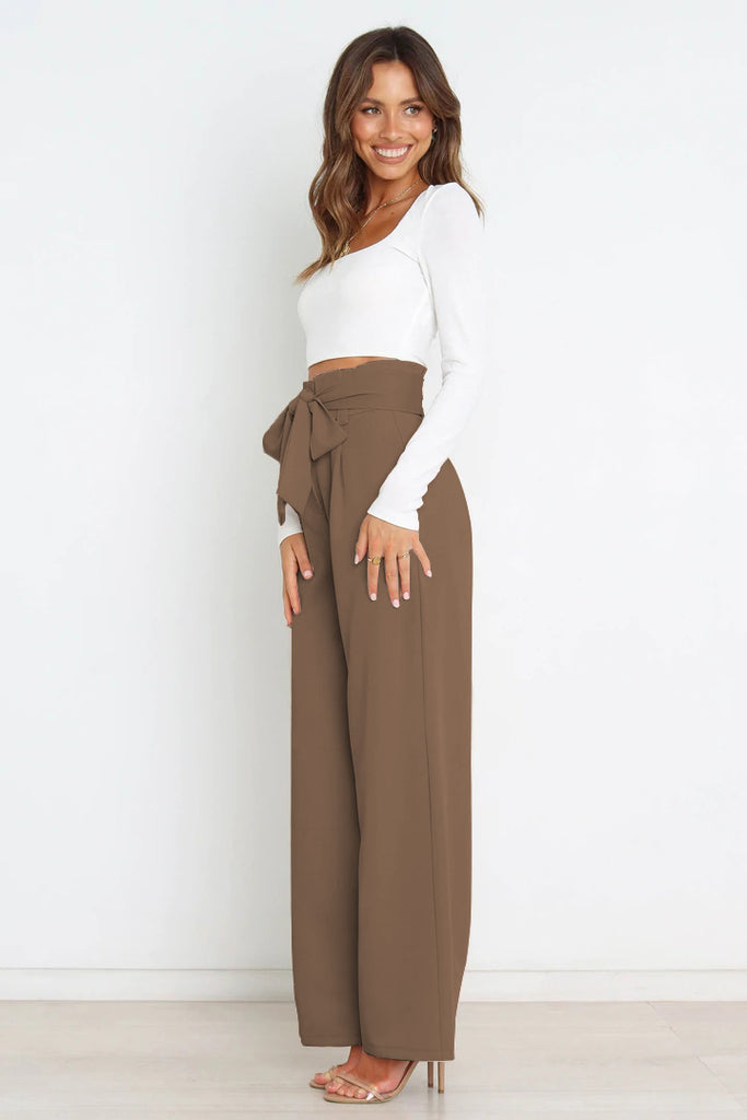 Tie Front Paperbag Wide Leg Pants Trendsi