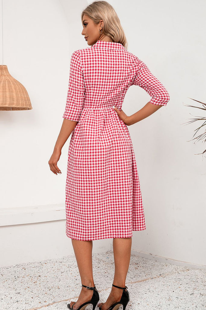 Plaid Collared Neck Midi Dress Trendsi