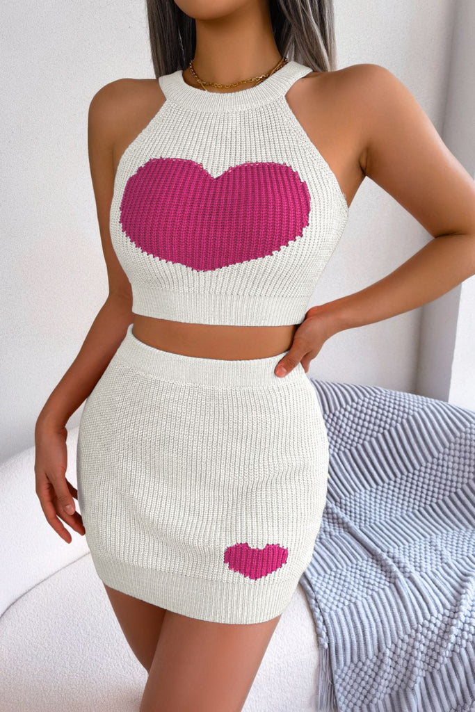 Heart Contrast Ribbed Sleeveless Knit Top and Skirt Set Trendsi