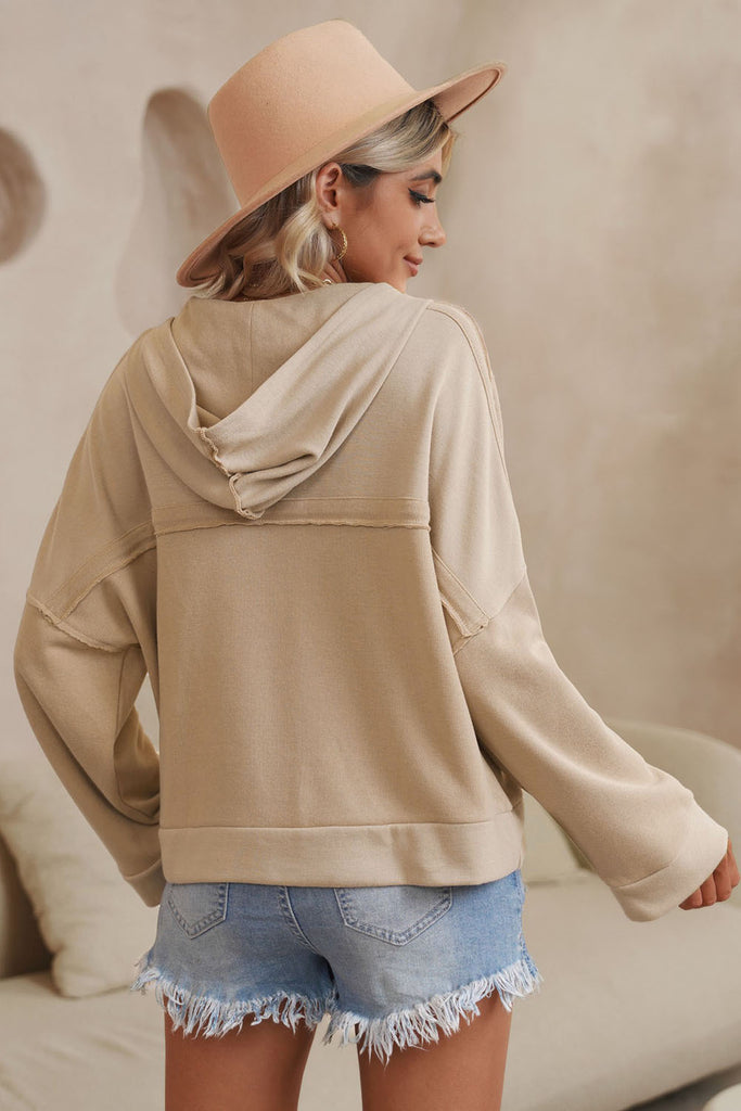 Quarter-Button Exposed Seam Dropped Shoulder Hoodie Trendsi