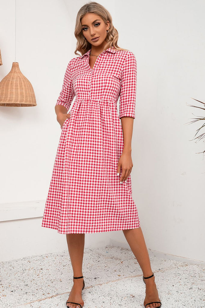 Plaid Collared Neck Midi Dress Trendsi