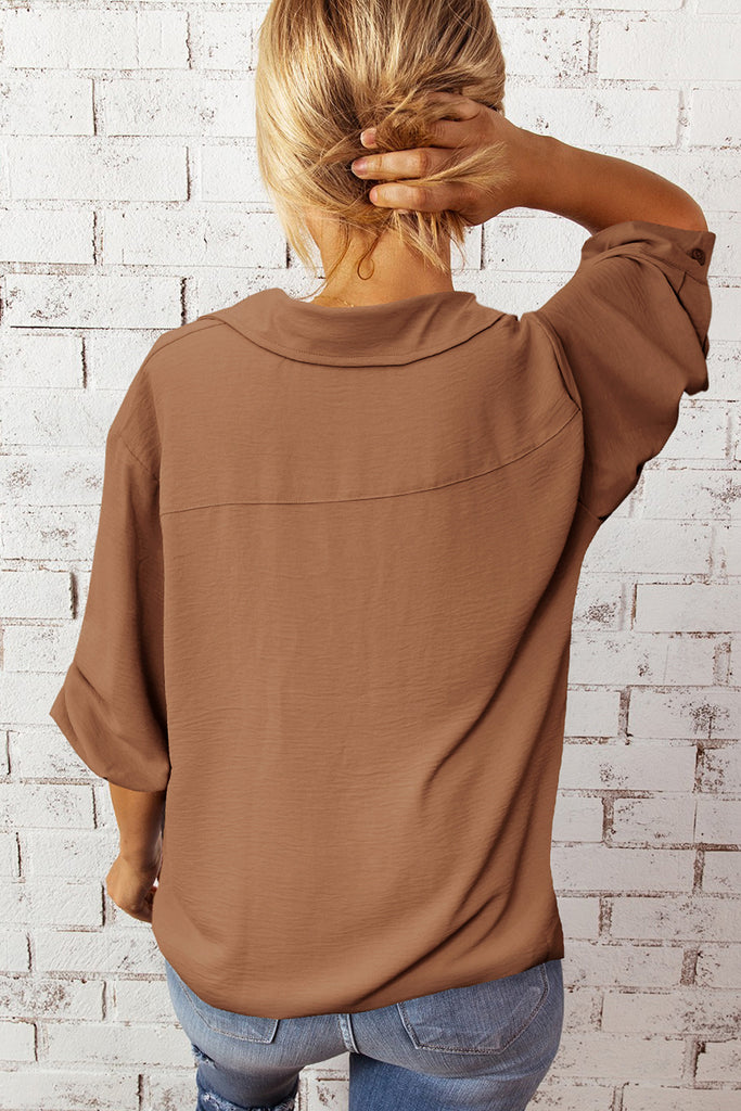 Textured Johnny Collar Three-Quarter Sleeve Blouse Trendsi