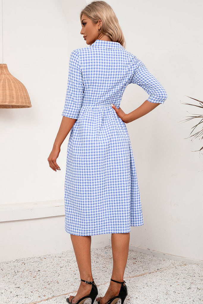 Plaid Collared Neck Midi Dress Trendsi