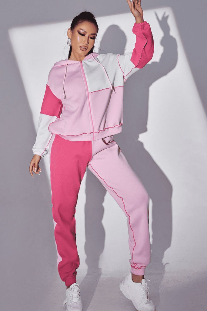 Exposed Seams Color Block Hoodie and Pants Set Trendsi