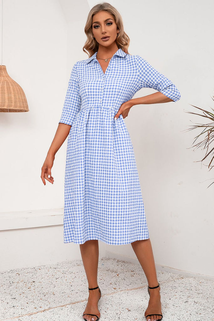 Plaid Collared Neck Midi Dress Trendsi