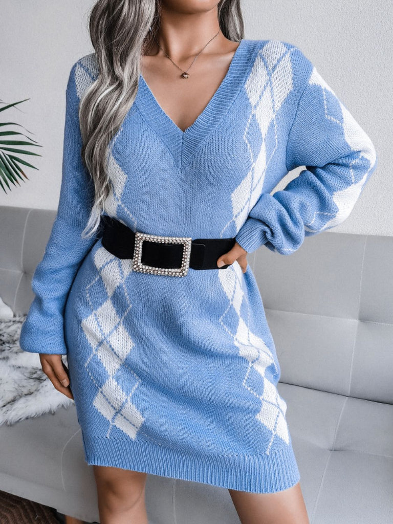 Woven Right Argyle V-Neck Ribbed Trim Sweater Dress Trendsi