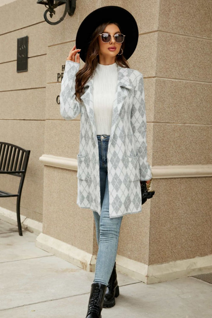 Printed Open Front Lapel Collar Cardigan with Pockets Trendsi