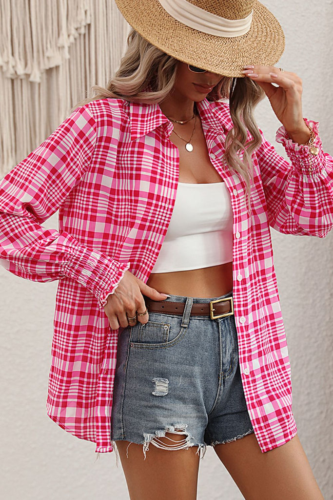 Plaid Lantern Sleeve Shirt Trendsi