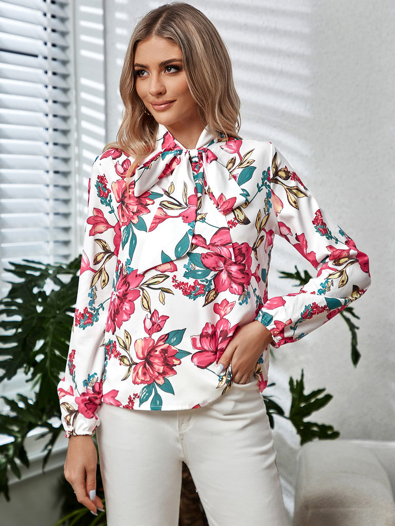 Printed Tie Neck Long Sleeve Blouse Trendsi