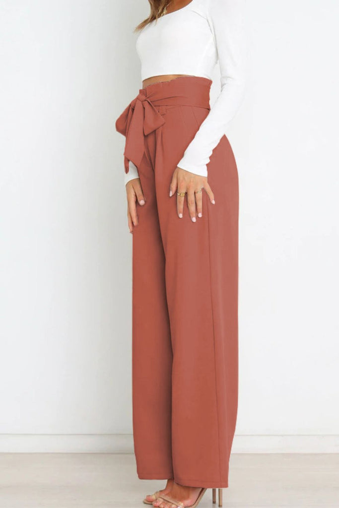 Tie Front Paperbag Wide Leg Pants Trendsi