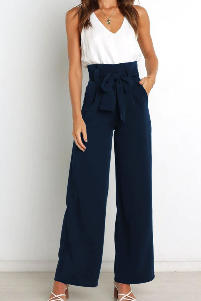 Tie Front Paperbag Wide Leg Pants Trendsi