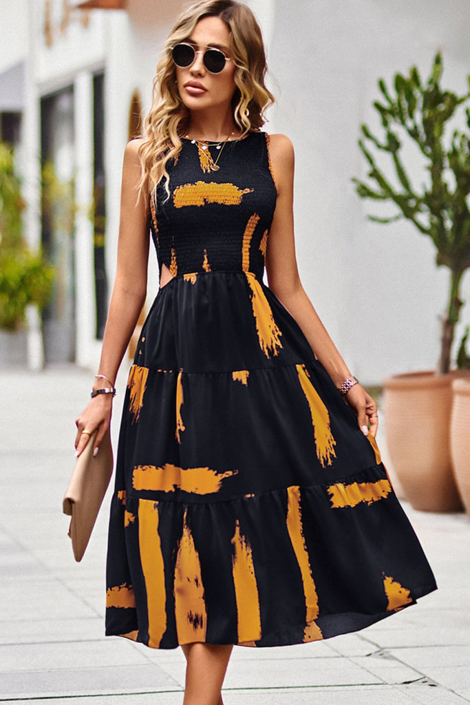 Printed Round Neck Slit Sleeveless Dress Trendsi