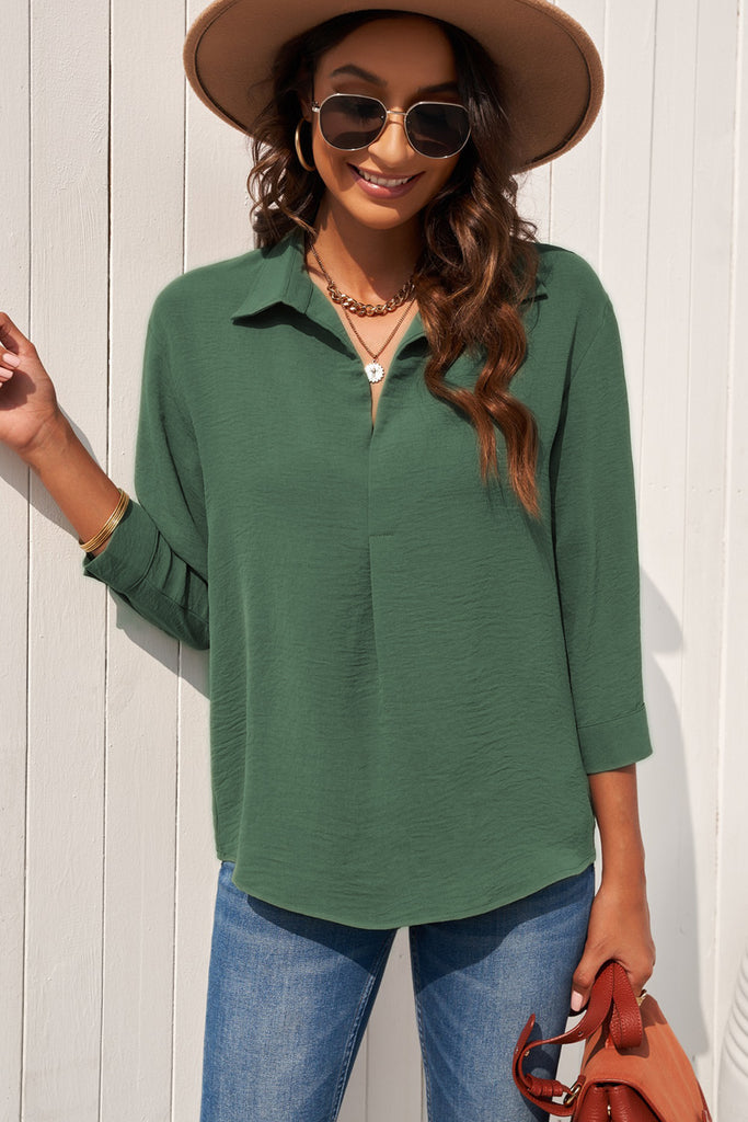 Textured Johnny Collar Three-Quarter Sleeve Blouse Trendsi