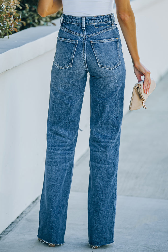 High-Rise Distressed Raw Hem Jeans Trendsi