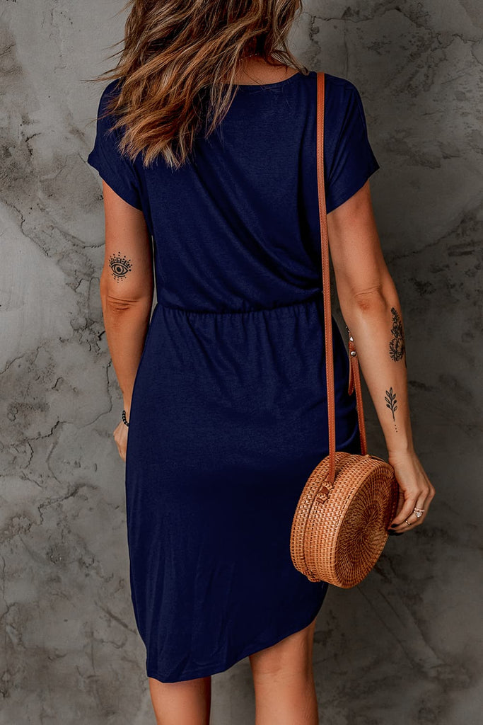 Short Sleeve Ruched Asymmetrical Hem Dress Trendsi