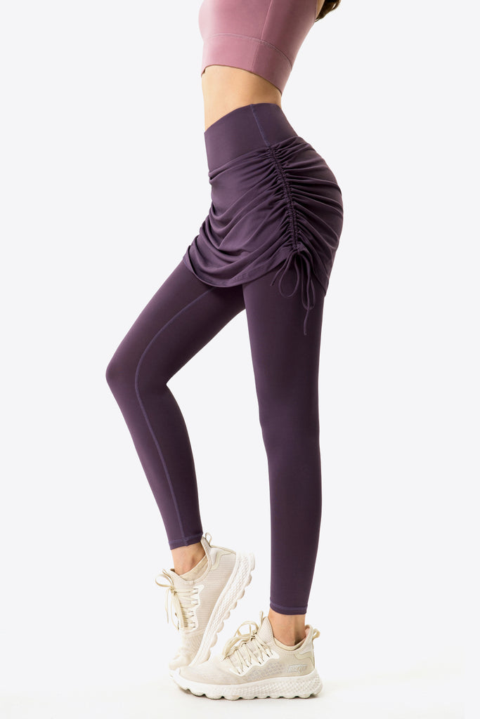 Drawstring Ruched Faux Layered Yoga Leggings Trendsi