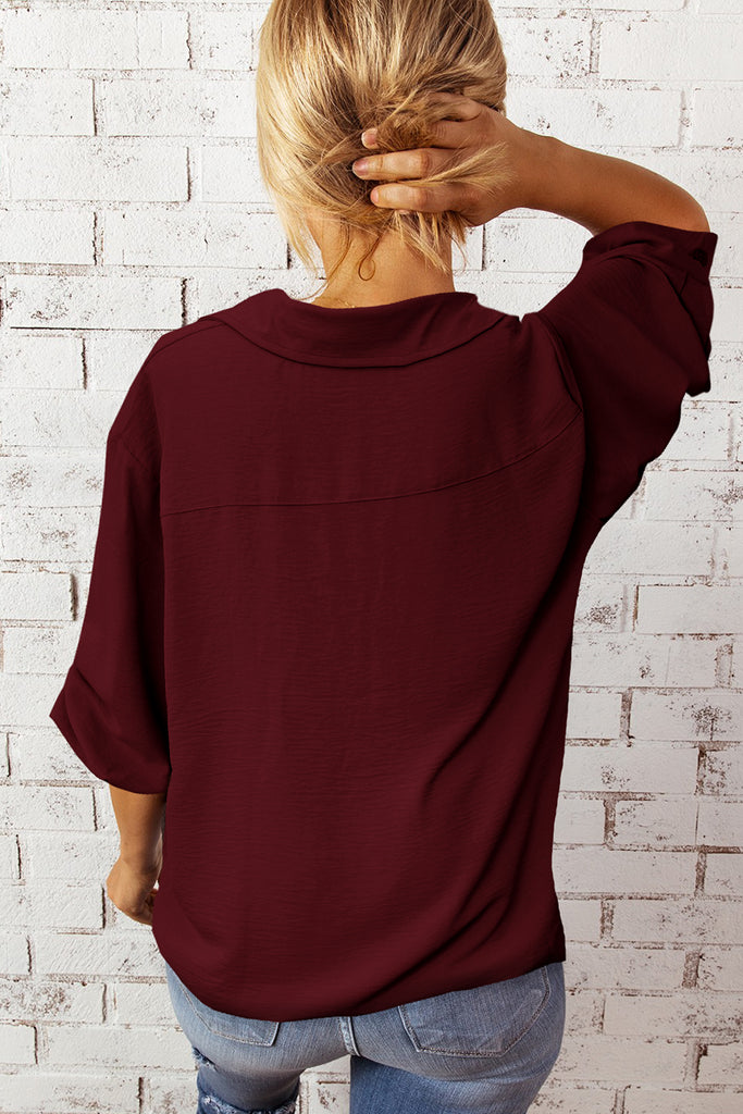 Textured Johnny Collar Three-Quarter Sleeve Blouse Trendsi