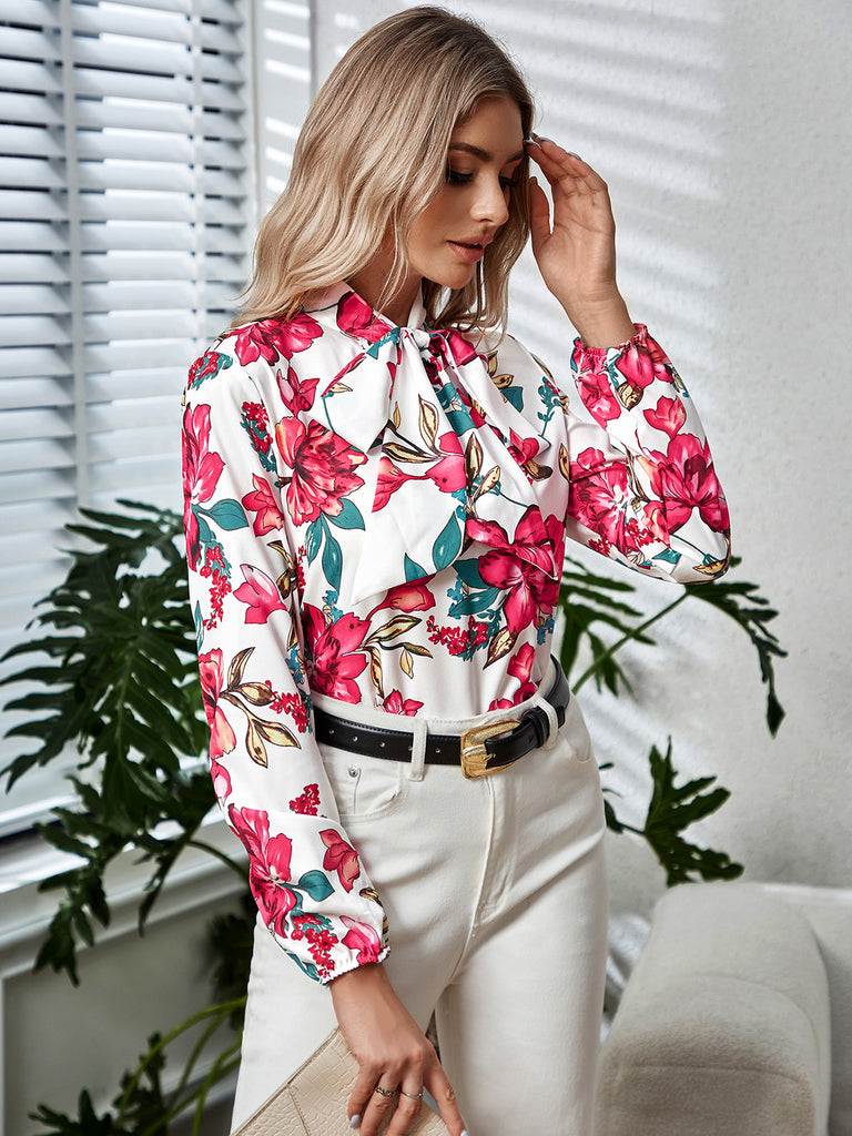 Printed Tie Neck Long Sleeve Blouse Trendsi