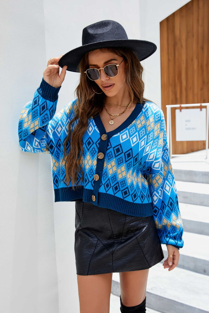 Argyle Button-Up Drop Shoulder Cardigan Trendsi