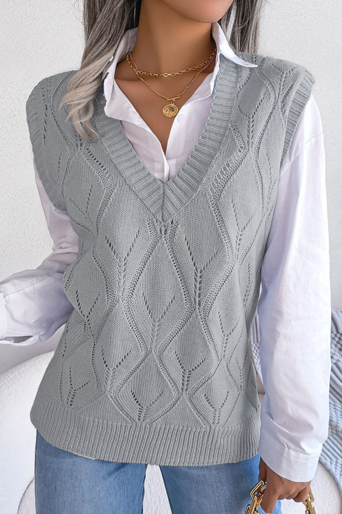 Openwork Ribbed Trim Sweater Vest Trendsi