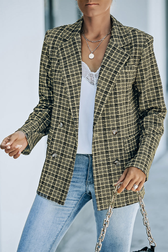 Plaid Double-Breasted Long Sleeve Blazer Trendsi