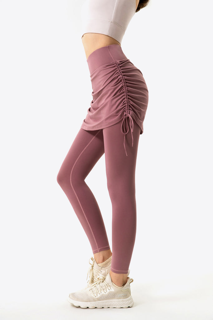 Drawstring Ruched Faux Layered Yoga Leggings Trendsi