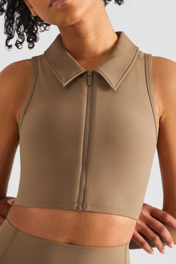 Zip Up Collared Cropped Sports Top Trendsi