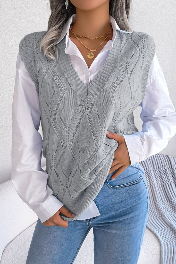 Openwork Ribbed Trim Sweater Vest Trendsi