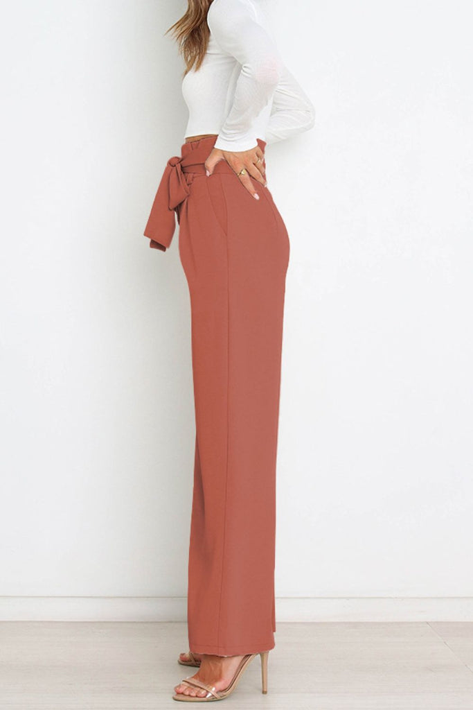 Tie Front Paperbag Wide Leg Pants Trendsi