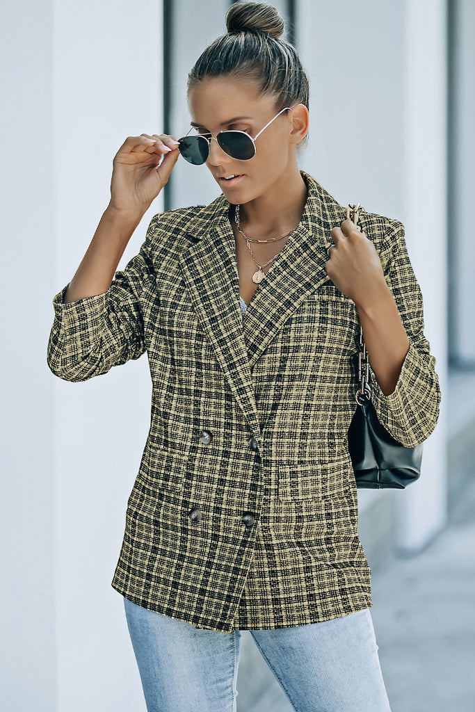 Plaid Double-Breasted Long Sleeve Blazer Trendsi