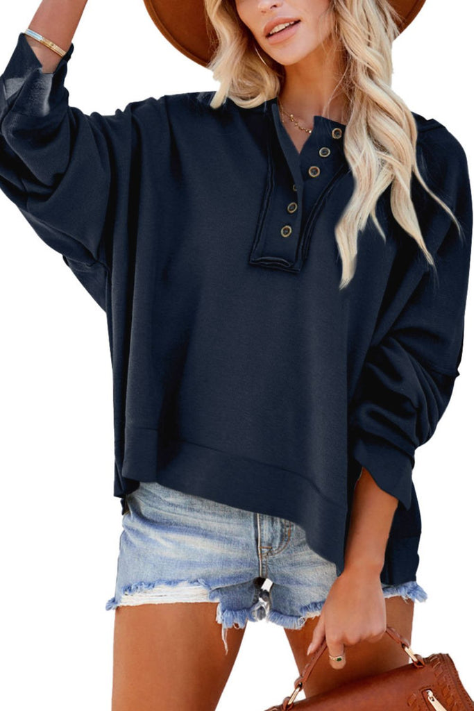 Quarter-Button Exposed Seam Dropped Shoulder Hoodie Trendsi