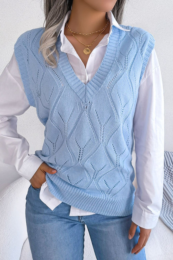 Openwork Ribbed Trim Sweater Vest Trendsi