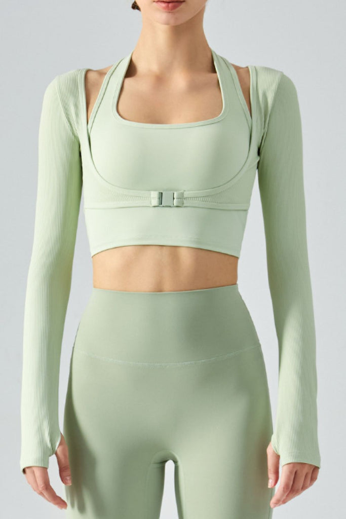 Ribbed Faux Layered Halter Neck Cropped Sports Top Trendsi