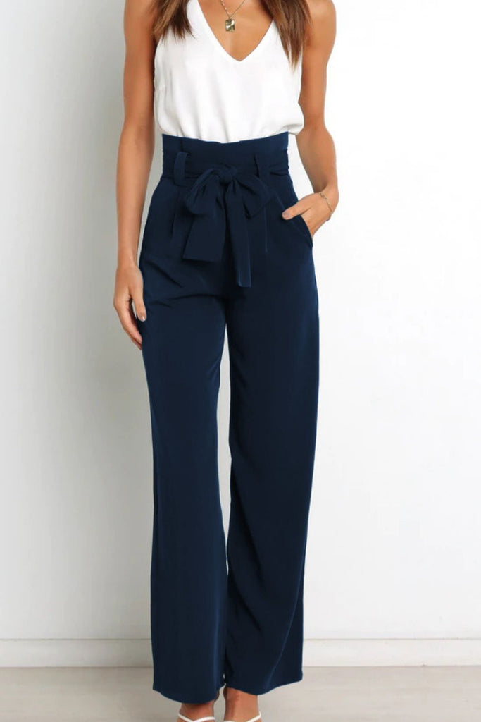 Tie Front Paperbag Wide Leg Pants Trendsi