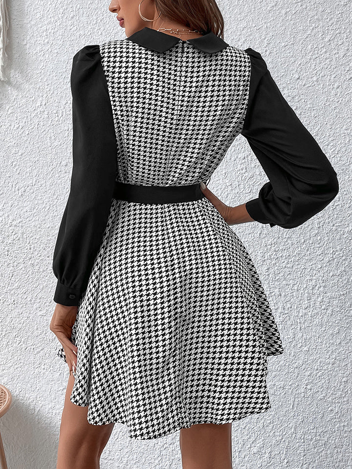 Houndstooth Long Sleeve Mini Dress Trendsi