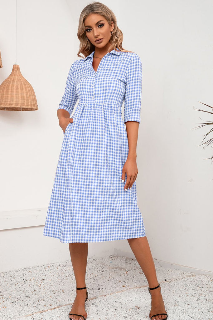 Plaid Collared Neck Midi Dress Trendsi