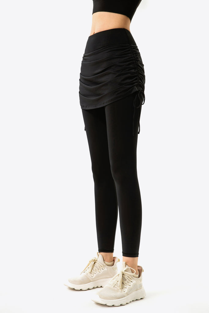 Drawstring Ruched Faux Layered Yoga Leggings Trendsi