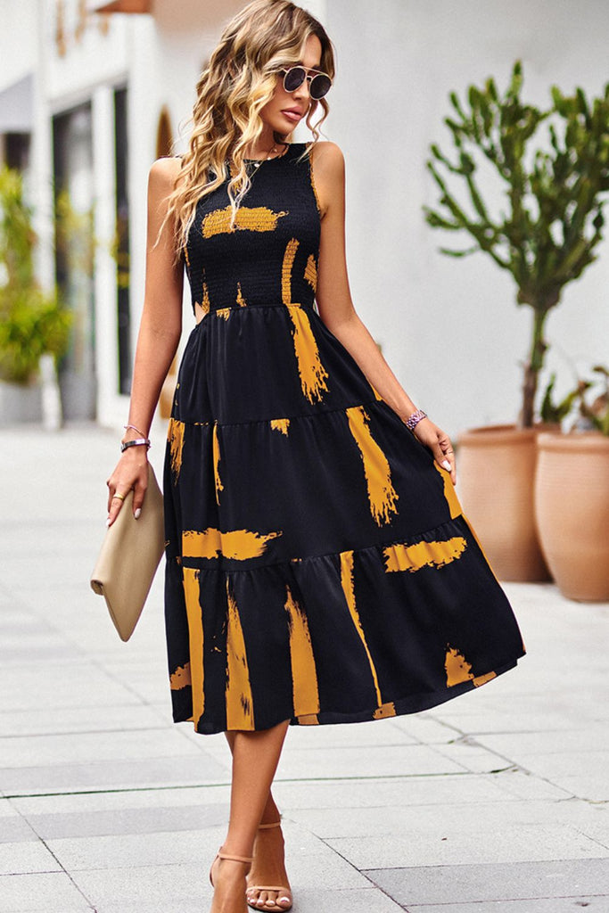 Printed Round Neck Slit Sleeveless Dress Trendsi