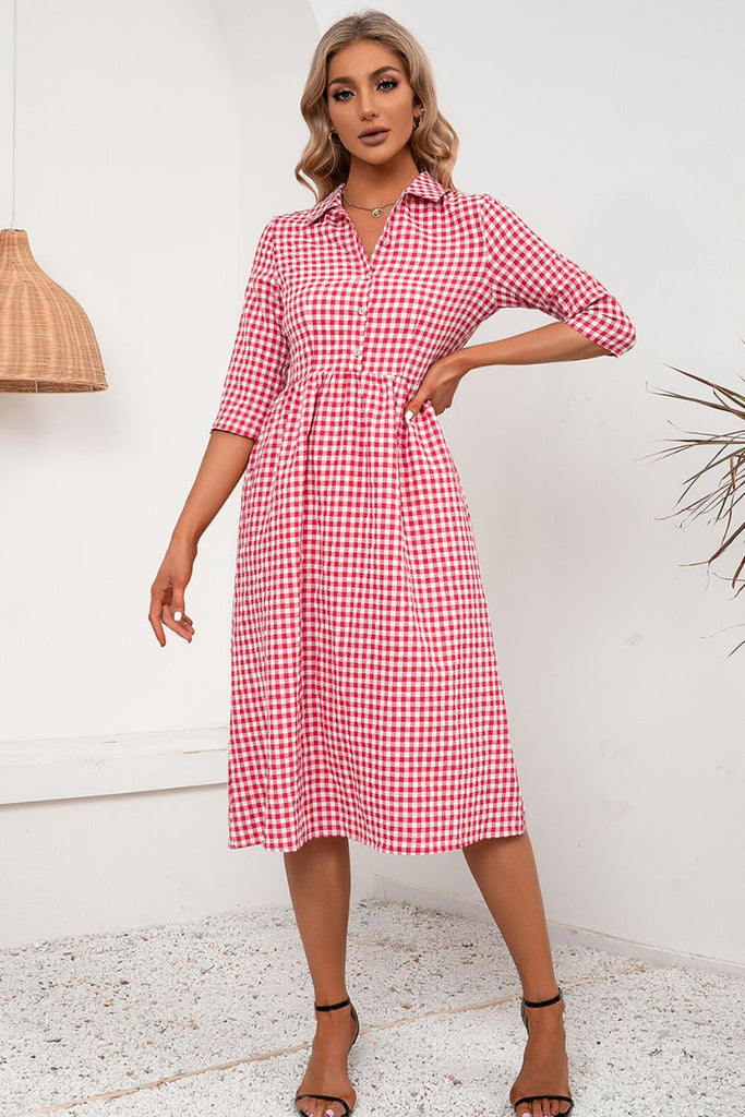 Plaid Collared Neck Midi Dress Trendsi