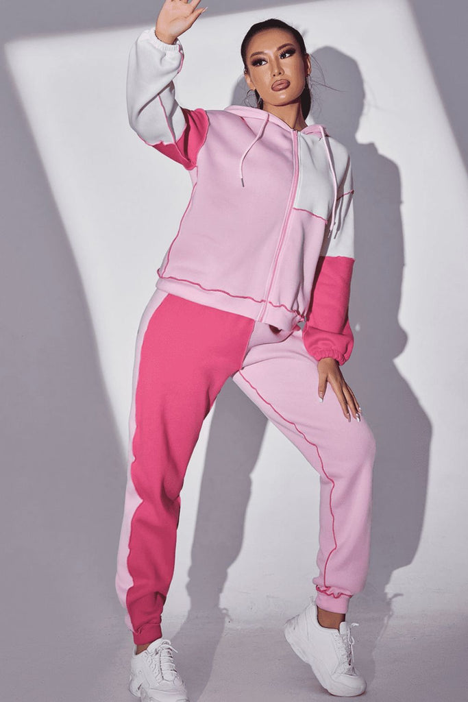 Exposed Seams Color Block Hoodie and Pants Set Trendsi