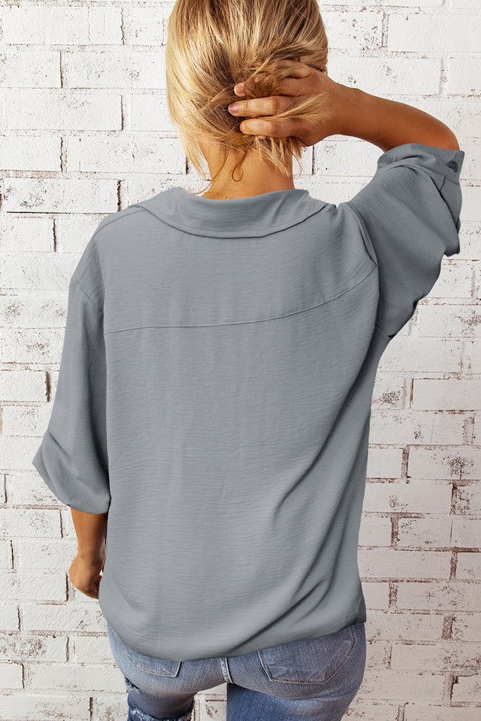 Textured Johnny Collar Three-Quarter Sleeve Blouse Trendsi